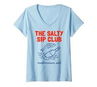 Women's The Salty Sip Club Mediterranean Soul Fish Bottle Art V-Neck T-Shirt