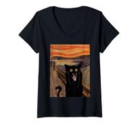 Women's The Scream Picture Munch Cats Mice Parody V-Neck T-Shirt