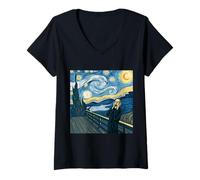 Womens The Scream Starry Night Fusion Surrealist Expression Art V-Neck T-Shirt