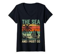 Womens The Sea is Calling and I Must Go Captain Sail Sailor V-Neck T-Shirt