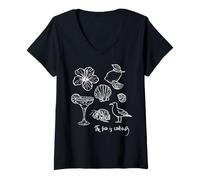 Women's The Sea is Calling Beach Ocean Hibiscus Vacation Line Art V-Neck T-Shirt