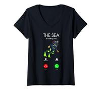 Women's The Sea is Calling Funny Scuba Phone Screen Diving Art V-Neck T-Shirt