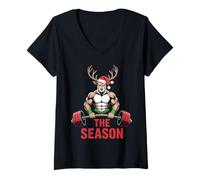 Womens The Season Muscle Reindeer Fitness Enthusiasts Christmas V-Neck T-Shirt