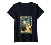 Women's The Selfie Cat Tarot Card UFO Alien Sci Fi Parody Invasion V-Neck T-Shirt