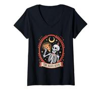 Womens The Slice Seer Skeleton Tarot Pizza Moon Mystic V-Neck T-Shirt