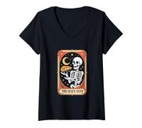 Womens The Slice Seer Skeleton Tarot Pizza Moon Night V-Neck T-Shirt