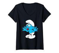 Womens The Smurfs Jokey Smurf Tongue Joyful Blue Comic Smurfette V-Neck T-Shirt