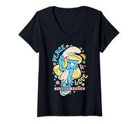 Womens The Smurfs Movie Summer Smurfette Peace & Love Flower Power V-Neck T-Shirt