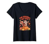 Womens The Squirrel was Here Funny Fall Animal Autumn Leaf V-Neck T-Shirt