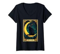 Womens The Star Tarot Card Black Cat and Moon V-Neck T-Shirt