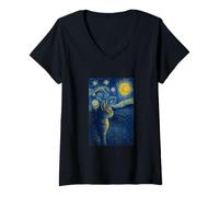 Womens The Starry Night Cat Stares to Stars Illustration Graphic V-Neck T-Shirt