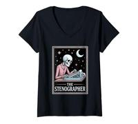 Women's The Stenographer Tarot Card Court Reporter Skeleton V-Neck T-Shirt