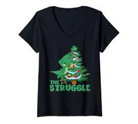 Women's The Struggle Funny Dinosaur Merry Christmas Tree T-Rex Xmas V-Neck T-Shirt