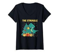 Women's The Struggle Funny Dinosaur Merry Christmas Tree T-Rex Xmas V-Neck T-Shirt