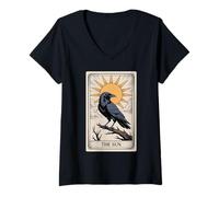 Womens The Sun Tarot - Radiant Raven Celestial Design V-Neck T-Shirt