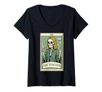 Womens The Teacher Skeleton Tarot Card Funny Retro Halloween V-Neck T-Shirt
