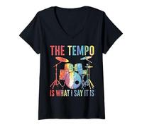 Womens The Tempo is What I Say It is Drums Lover Drummers Drumming V-Neck T-Shirt