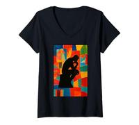 Womens The Thinker Silhouette Abstract Rainbow Art Design V-Neck T-Shirt