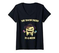 Women's The Tooth Fairy is A Myth Dentist Monster Tooth Halloween V-Neck T-Shirt