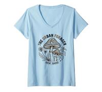 Women's THE Urban Forager | Botanical Mushroom & Heart Badge Design V-Neck T-Shirt