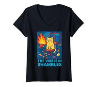 Womens The Vibe Is In Shambles Funny Cat Graphic V-Neck T-Shirt