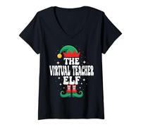Womens The Virtual Teacher Elf Funny Christmas Matching Family V-Neck T-Shirt