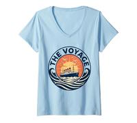 Women's The Voyage Vintage Ocean Liner Sunset Retro Poster V-Neck T-Shirt