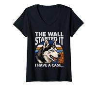 Women's The Wall Started It I Have A Case Funny Husky Dog V-Neck T-Shirt