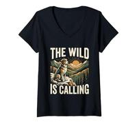 Women's The Wild is Calling Husky Wolf Mountain Wilderness V-Neck T-Shirt