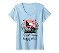 Womens The Wild Is My Happy Place Wolf V-Neck T-Shirt