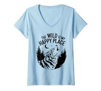 Womens The Wild Is My Happy Place Wolf V-Neck T-Shirt