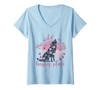 Womens The Wild Is My Happy Place Wolf V-Neck T-Shirt