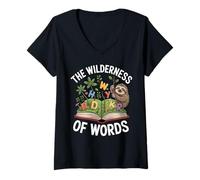 Womens The Wilderness of Words Sloth Book Reader Kids V-Neck T-Shirt