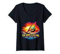 Women's The Wind is Calling and I Must Go Windsurfing Windsurfer Fun V-Neck T-Shirt