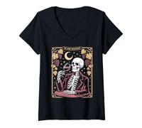 Women's The Wine Whisperer Skeleton Moon Grapes V-Neck T-Shirt