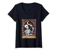 Womens The Wine Whisperer Skeleton Under Crescent Moon Vine V-Neck T-Shirt
