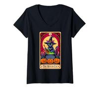 Womens The Witch Cat Halloween Tarot Card Costume Kitten Cat Lover V-Neck T-Shirt