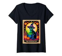 Womens The Witch Cat Halloween Tarot Card Costume Kitten Lover V-Neck T-Shirt