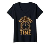 Womens The Witching Time Spooky Halloween Clock Design Bewitching V-Neck T-Shirt