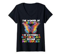 Womens The Wonder of Teaching is Watching Caterpillar Teacher V-Neck T-Shirt