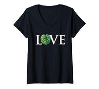 Womens The word Love with a Monstera Leaf | Design for plant lovers V-Neck T-Shirt