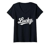 Women's The Word Lucky Retro Script | Bold Vintage Baseball Type V-Neck T-Shirt