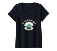 Women's The World is My Oyster Globe Shell Design V-Neck T-Shirt