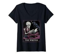 Womens The Writer Tarot Card Gothic Skeleton Raven Author Literary V-Neck T-Shirt