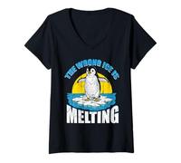 Women's The Wrong Ice is Melting Funny Penguin Political Protest V-Neck T-Shirt