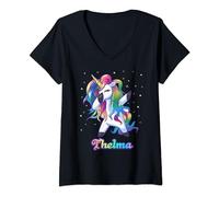 Womens THELMA Name Personalized Custom Rainbow Unicorn Dabbing V-Neck T-Shirt