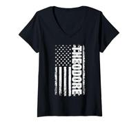 Womens Theodore Personal Name American Flag Retro Men Women Funny V-Neck T-Shirt