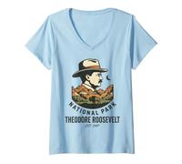 Women's Theodore Roosevelt National Park Vintage Bison Badlands Art V-Neck T-Shirt