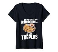 Women's Thepla Lover Hinduism Hindu Cuisine Distracted Thepla V-Neck T-Shirt