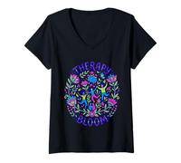 Women's Therapy Bloom Occupational Wellness Folk Art Floral V-Neck T-Shirt